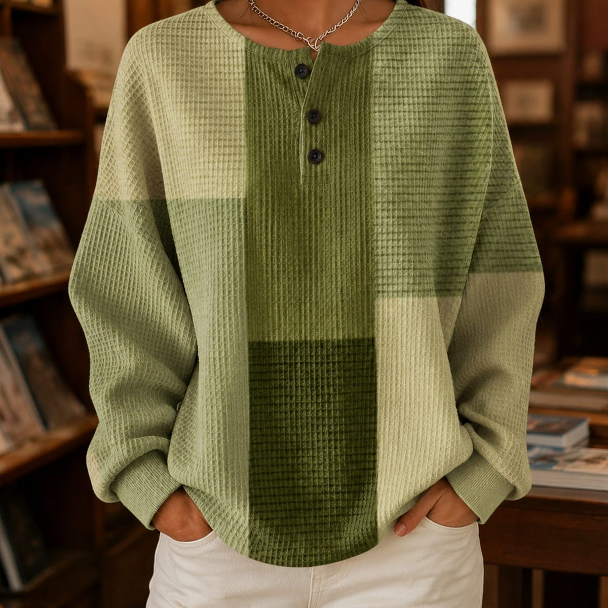 Women's Waffle-Knit Colour-Block Henley Relaxed Jumper