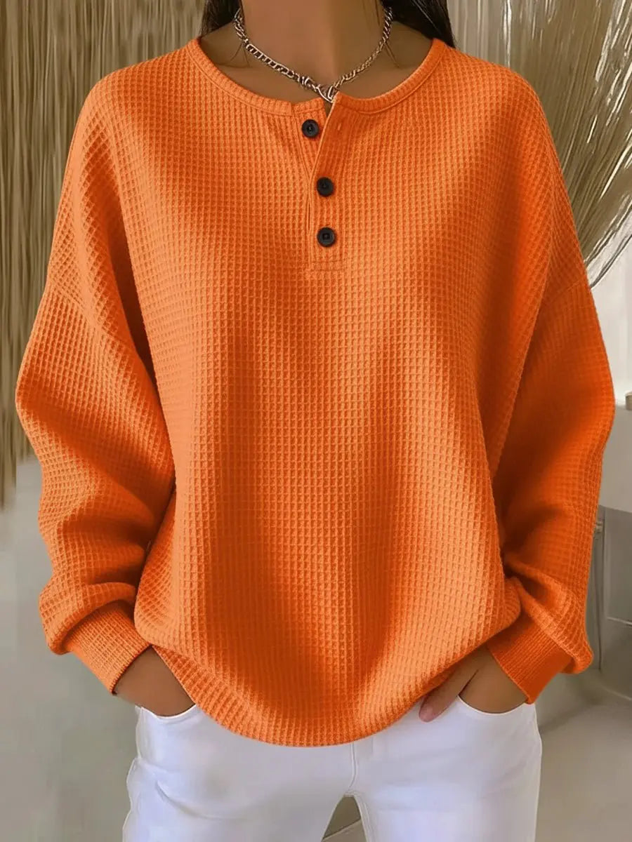Women's Waffle Knit Sweater Long Sleeve Henley Pullover Top