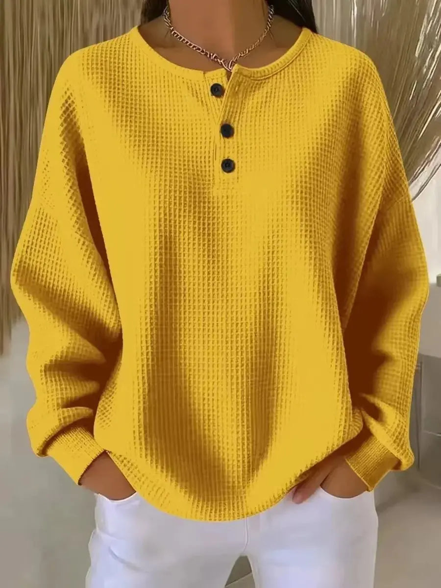 Women's Waffle Knit Sweater Long Sleeve Henley Pullover Top