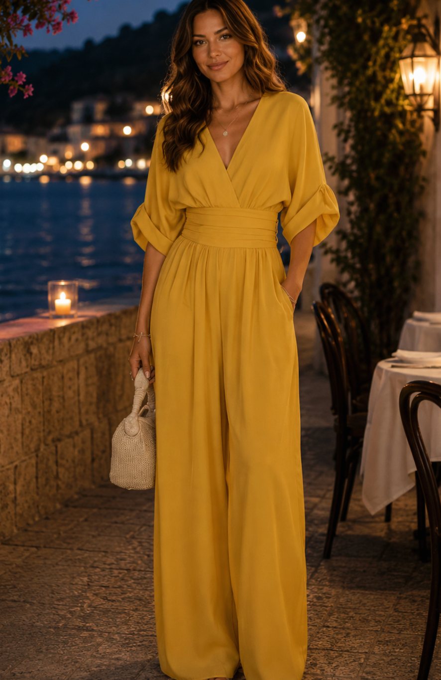 Women's Wide-Leg V-Neck Retro Jumpsuit, Mustard Yellow
