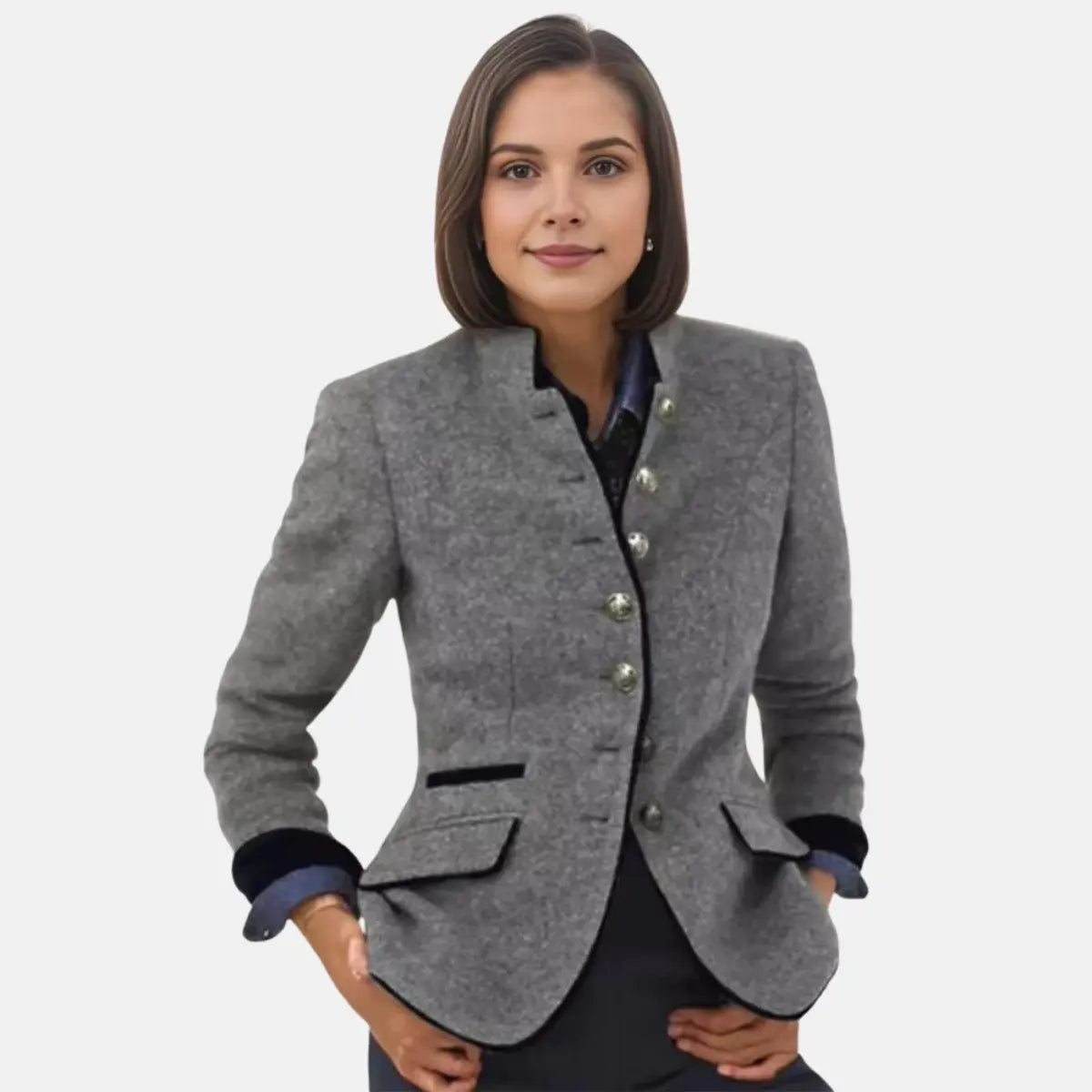 Women's Winter Coat Tweed Blazer Jacket Stand Collar Button Front