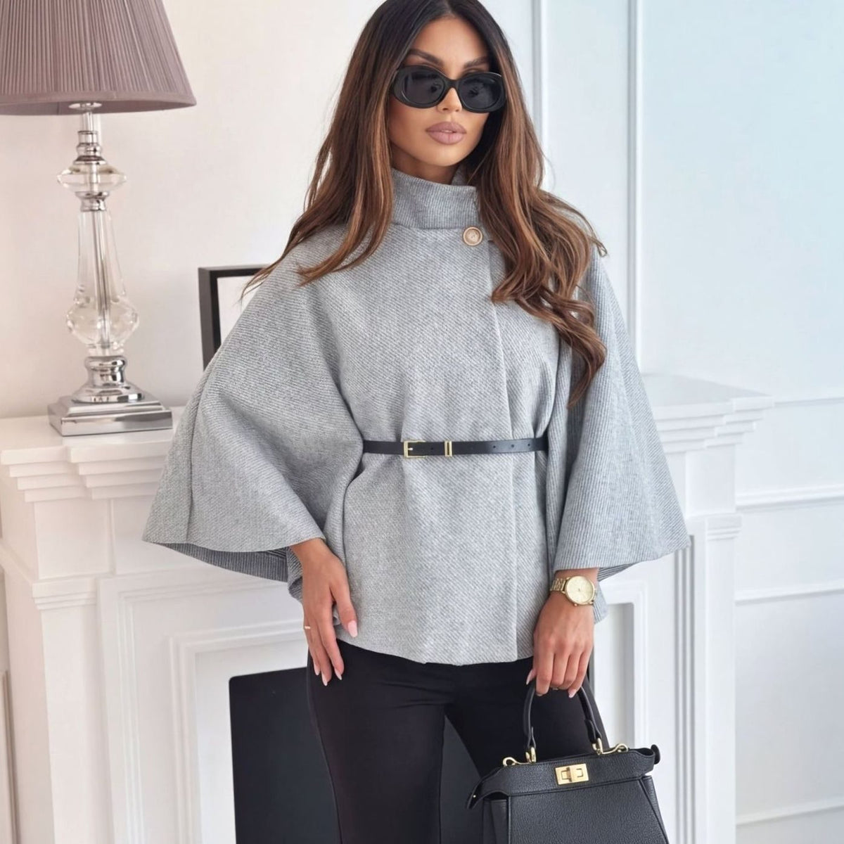 Women's Wool Blend Batwing Cape Belted Winter Coat Jacket