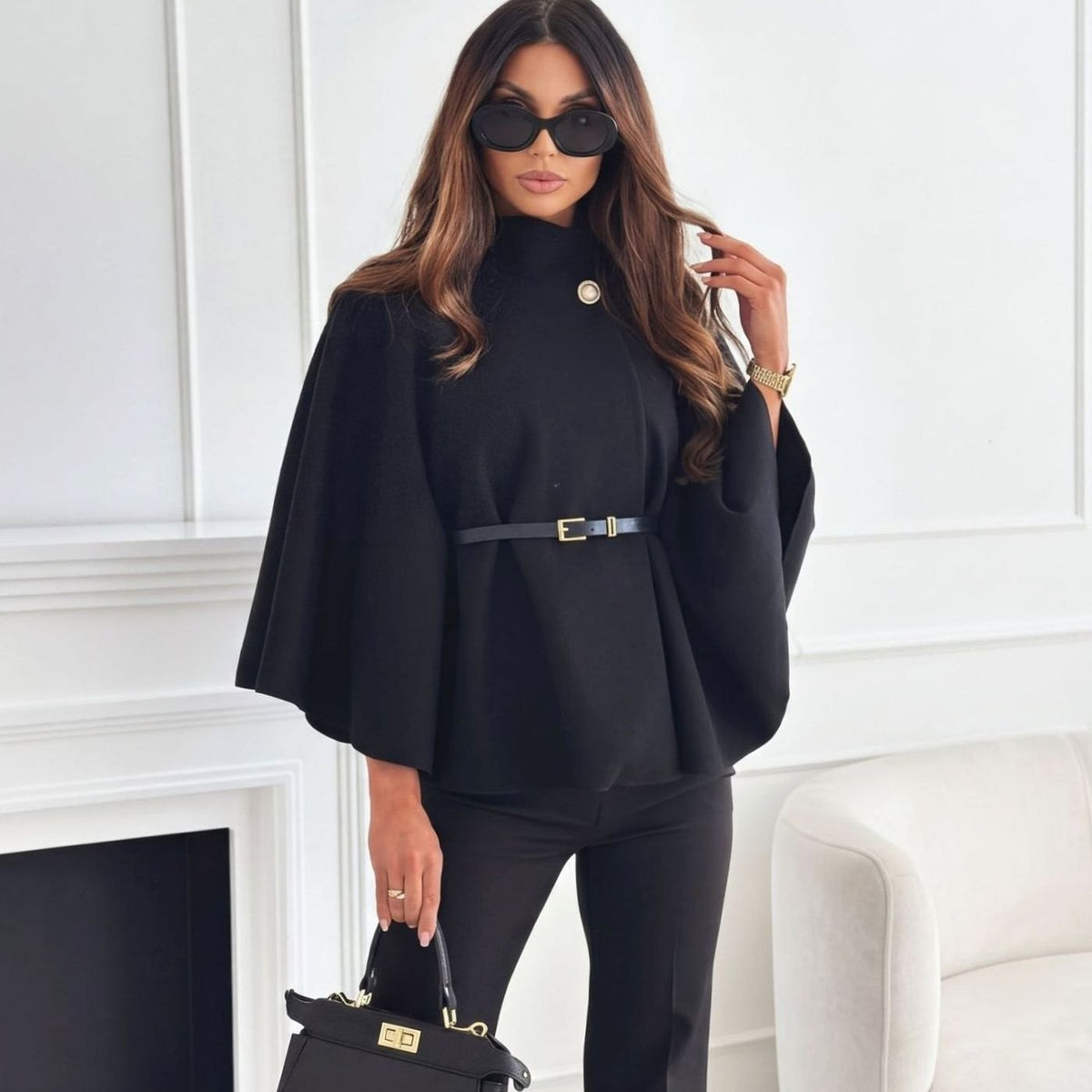Women's Wool Blend Batwing Cape Belted Winter Coat Jacket