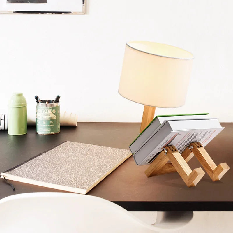 Adjustable Foldable Robot Shaped Wooden Table Lamp With Book Holder