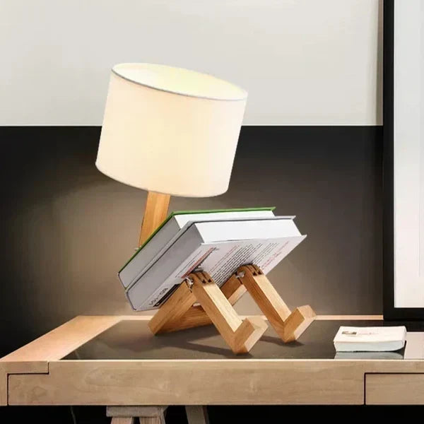 Adjustable Foldable Robot Shaped Wooden Table Lamp With Book Holder