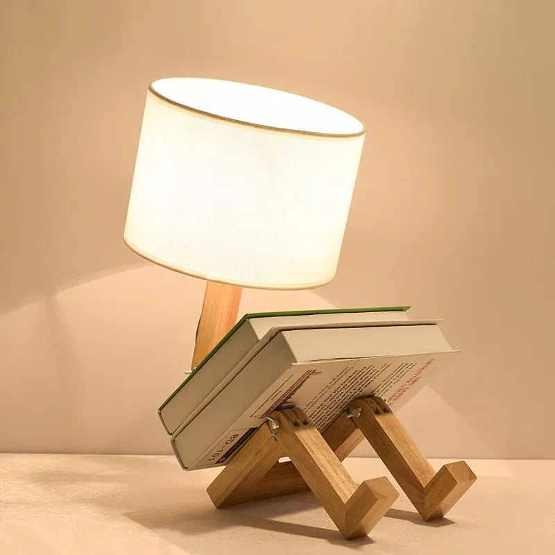 Adjustable Foldable Robot Shaped Wooden Table Lamp With Book Holder