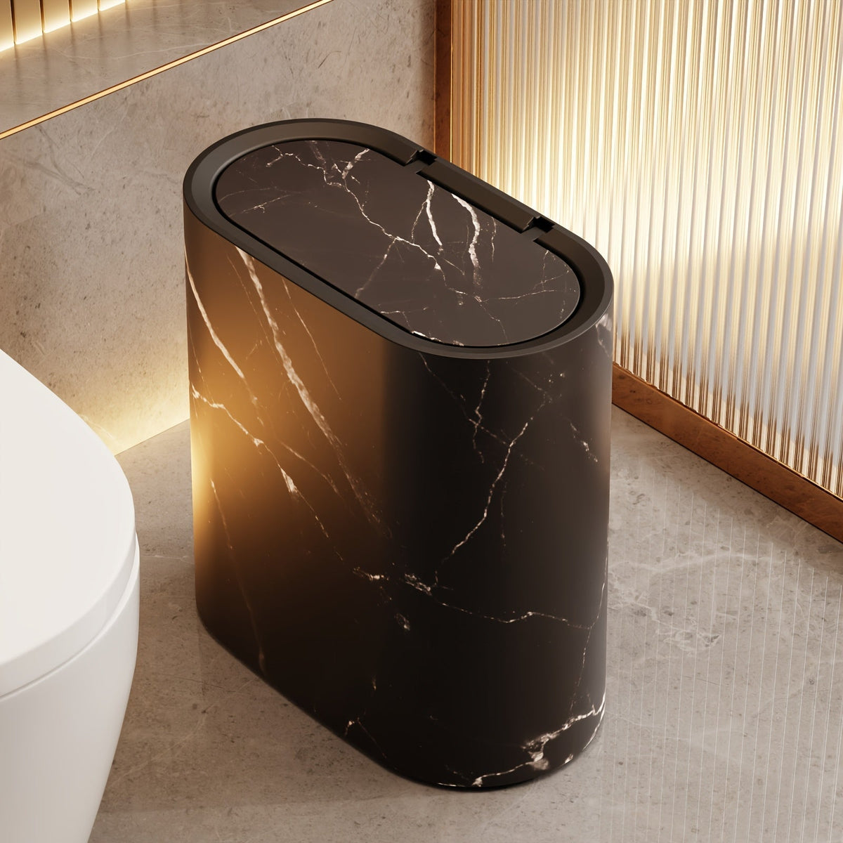 Marble Pattern Oval Trash Can With Fitted Lid