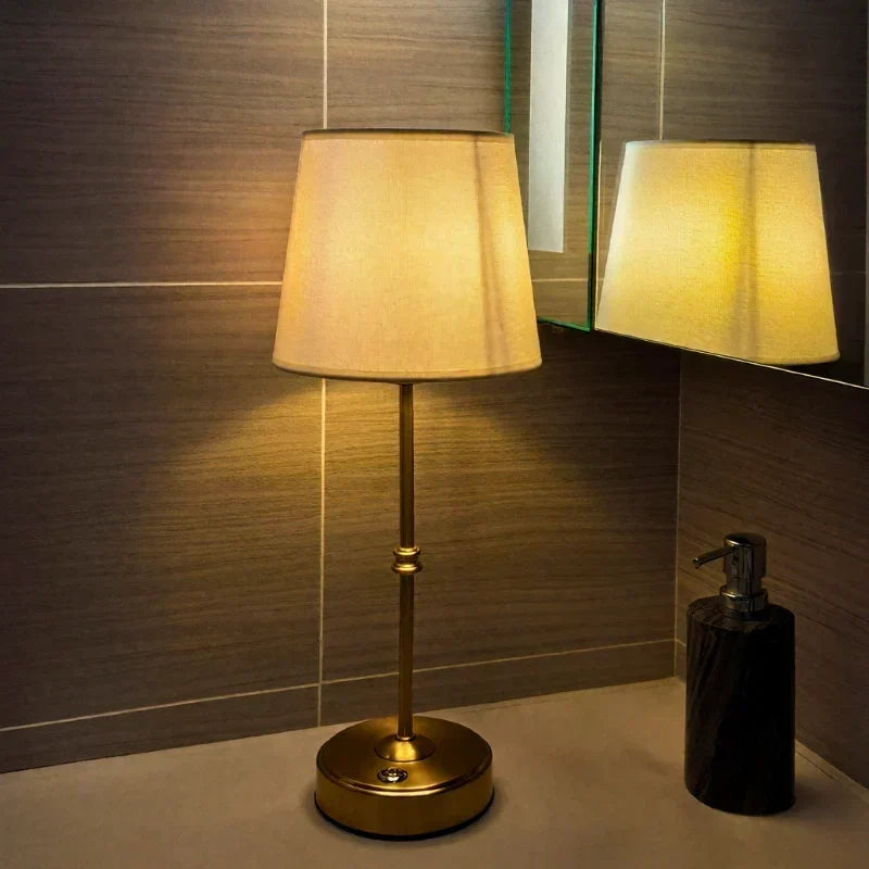Brushed Metal Fabric Shade Rechargeable Dimmable Cordless Table Lamp