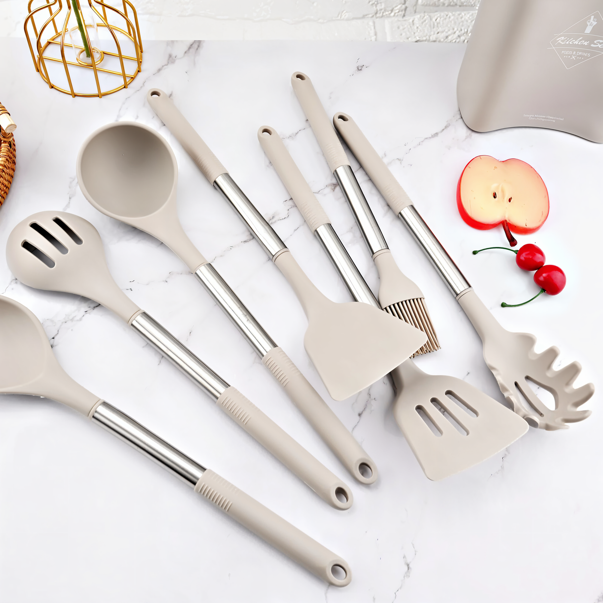 Heat Resistant Silicone Stainless Steel Handle Kitchen Utensil Set