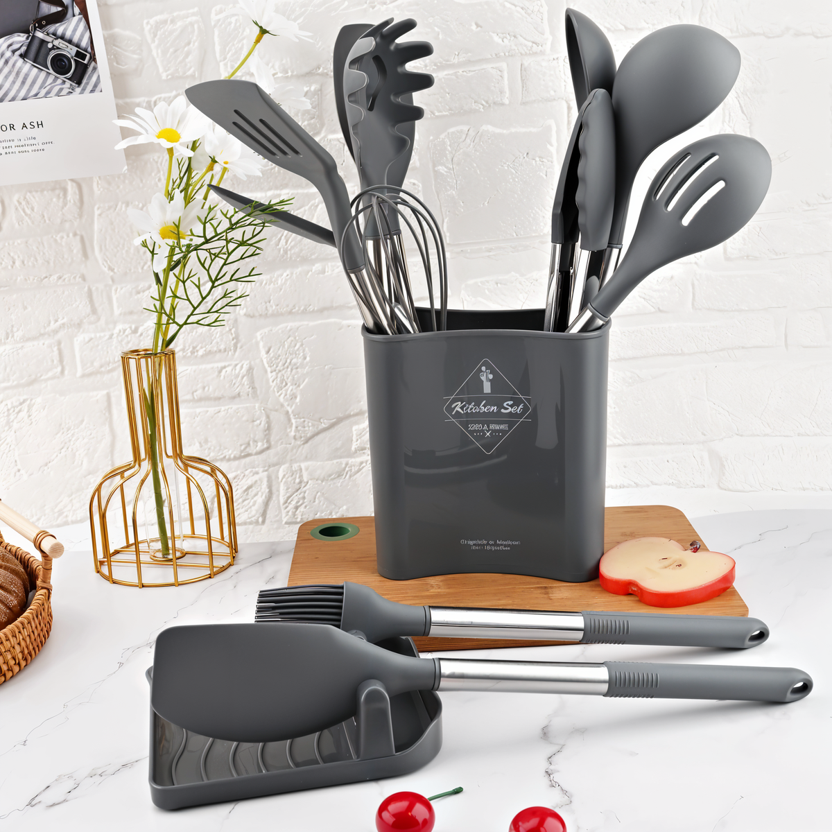 Heat Resistant Silicone Stainless Steel Handle Kitchen Utensil Set