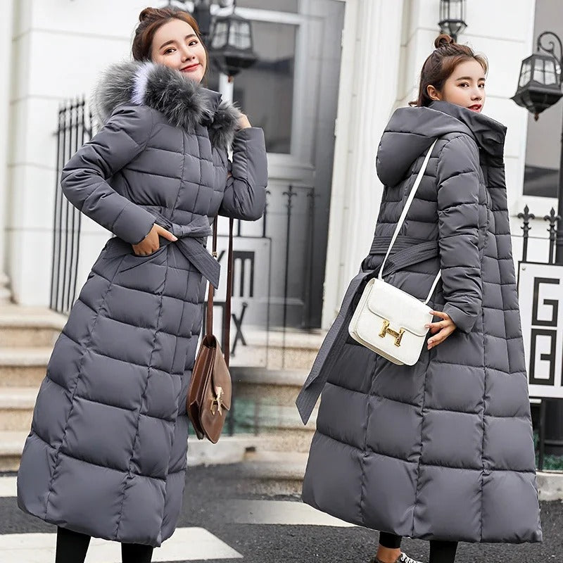 Women's Long Belted Fur Hood Puffer Coat