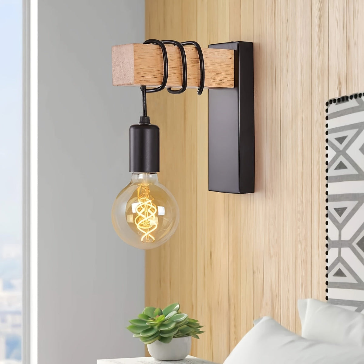 Industrial Wood And Metal Exposed Bulb Wall Light