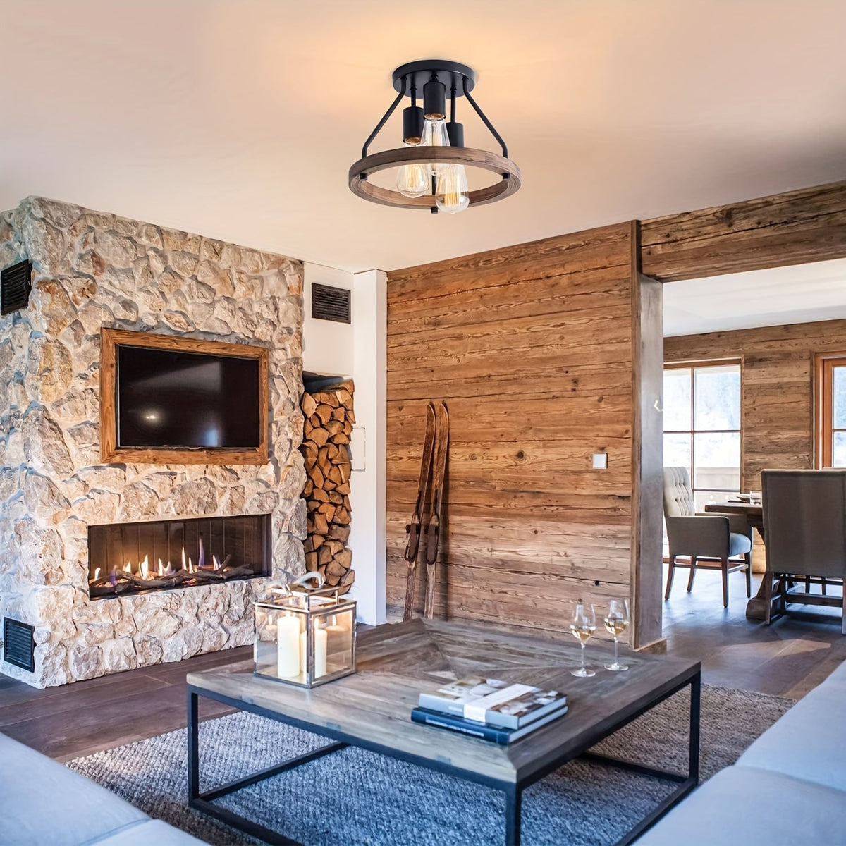 Rustic Wood Ring Industrial Semi Flush Mount Ceiling Light