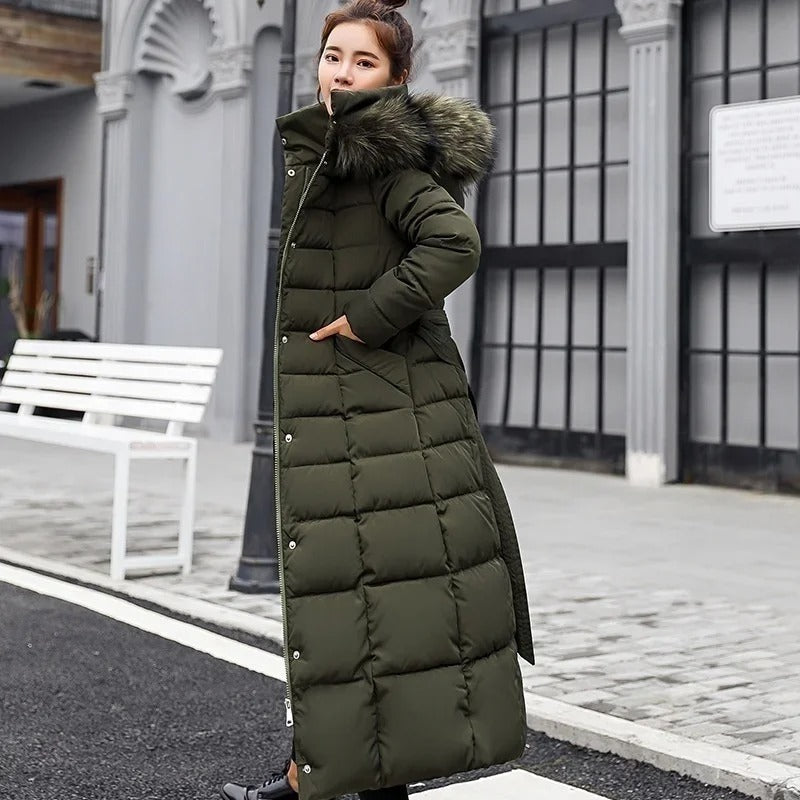 Women's Long Belted Fur Hood Puffer Coat