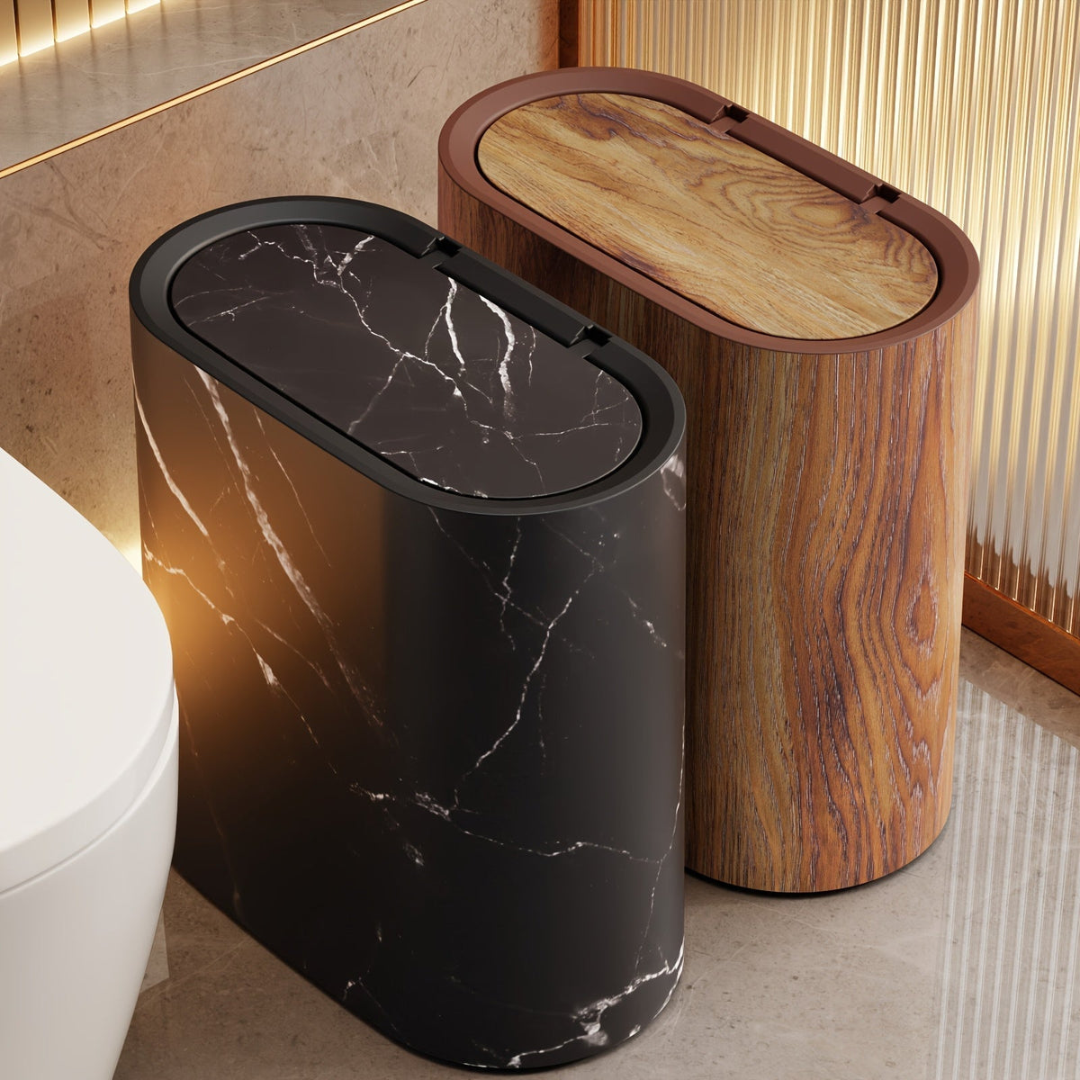 Marble Pattern Oval Trash Can With Fitted Lid