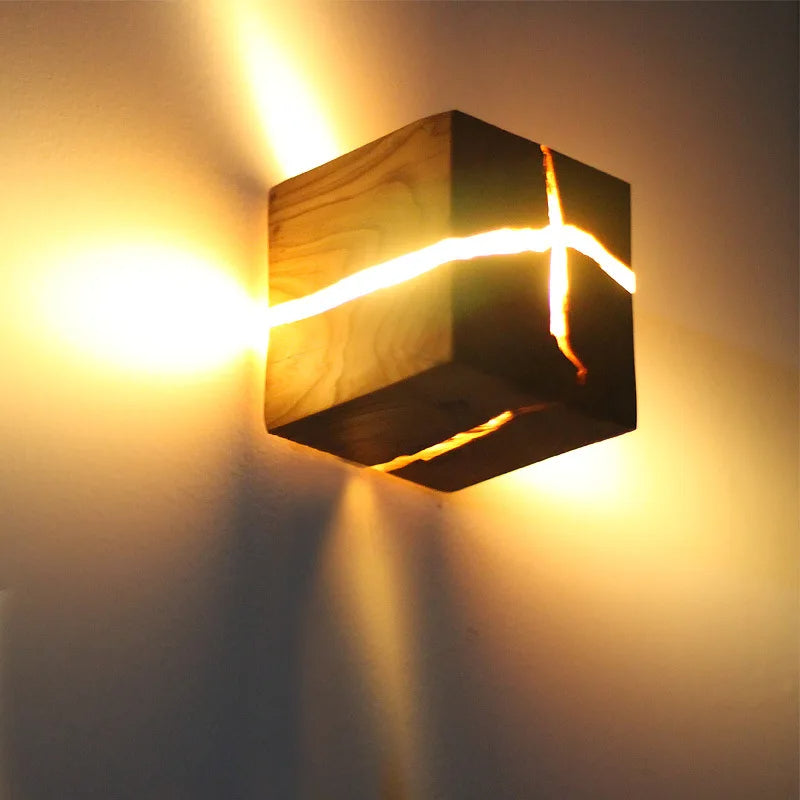 Hand-Carved Solid Wood Resin Inlay Wall Light