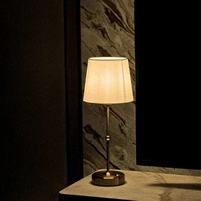 Brushed Metal Fabric Shade Rechargeable Dimmable Cordless Table Lamp