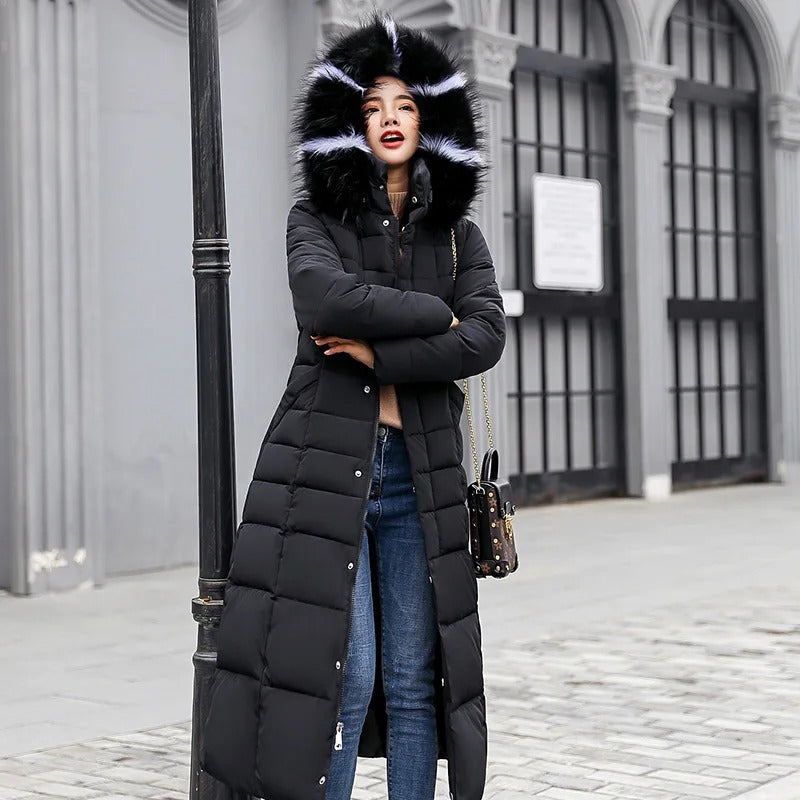 Women's Long Belted Fur Hood Puffer Coat