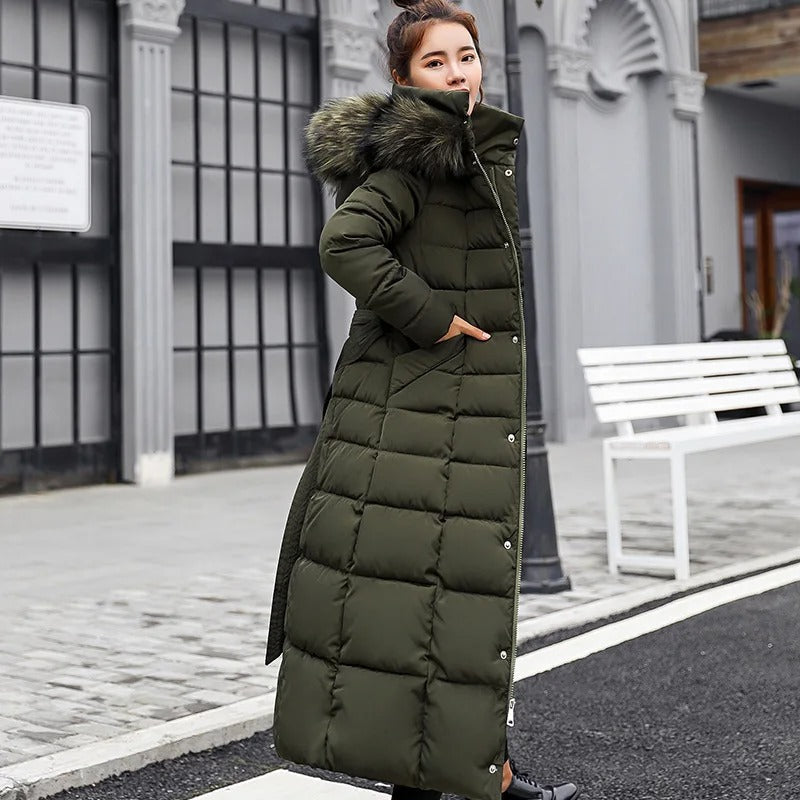 Women's Long Belted Fur Hood Puffer Coat