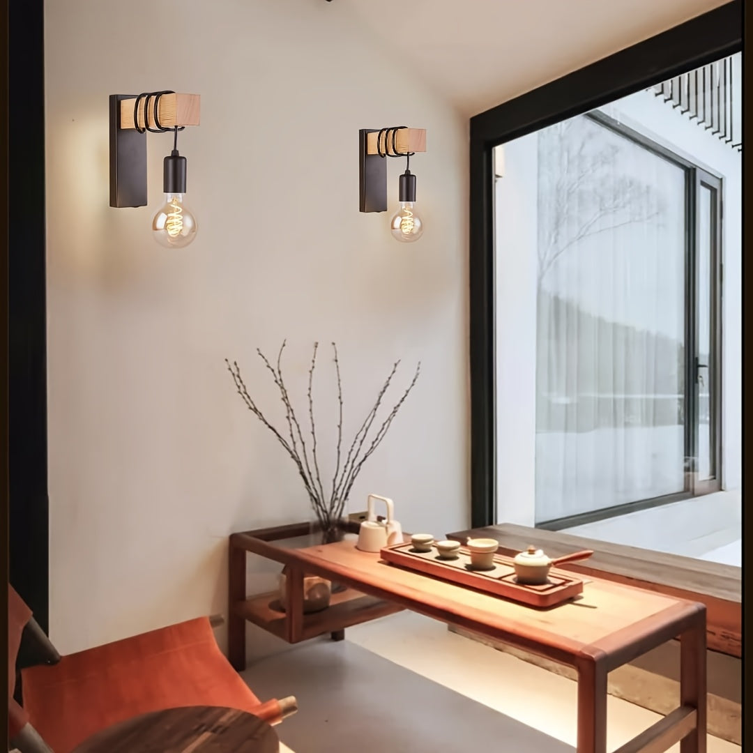Industrial Wood And Metal Exposed Bulb Wall Light
