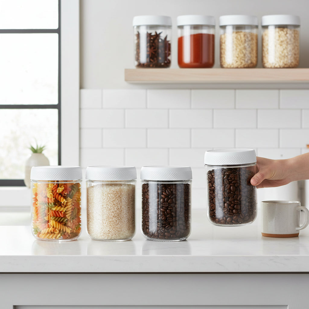 Clear Stackable Wide Mouth Airtight Glass Food Storage Jars Set