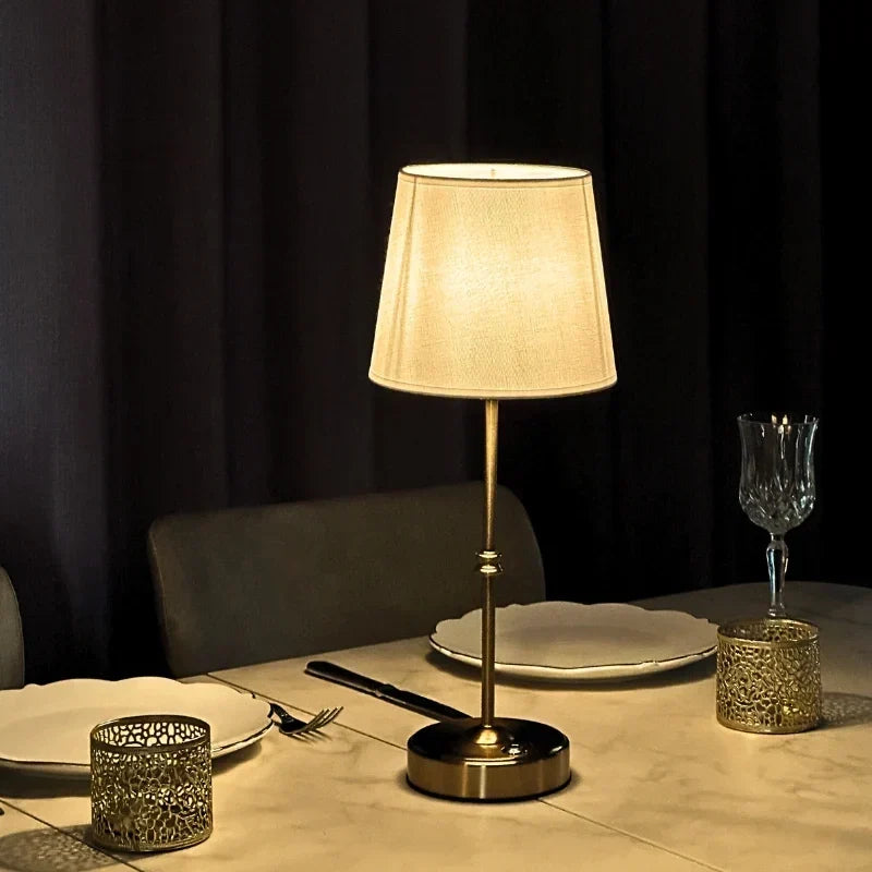 Brushed Metal Fabric Shade Rechargeable Dimmable Cordless Table Lamp