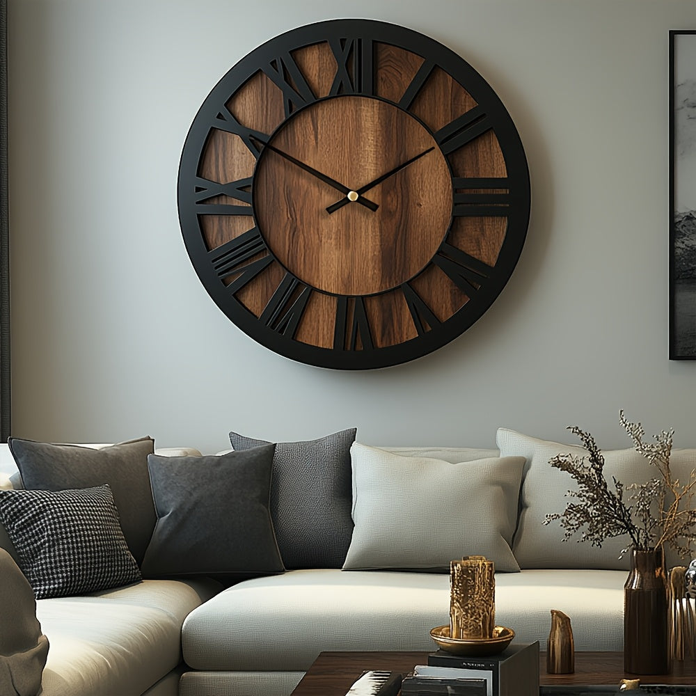 Rustic Wooden Roman Numeral Silent Wall Clock