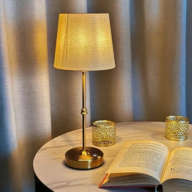 Brushed Metal Fabric Shade Rechargeable Dimmable Cordless Table Lamp