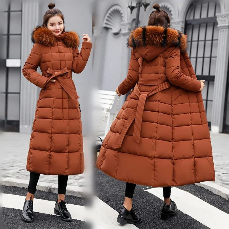 Women's Long Belted Fur Hood Puffer Coat