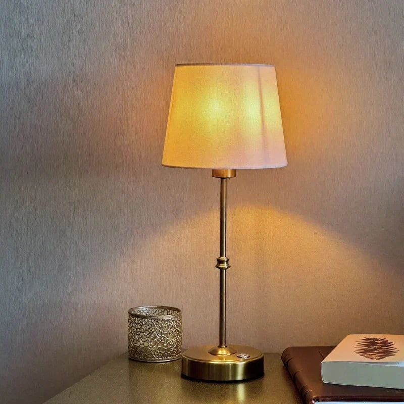 Brushed Metal Fabric Shade Rechargeable Dimmable Cordless Table Lamp