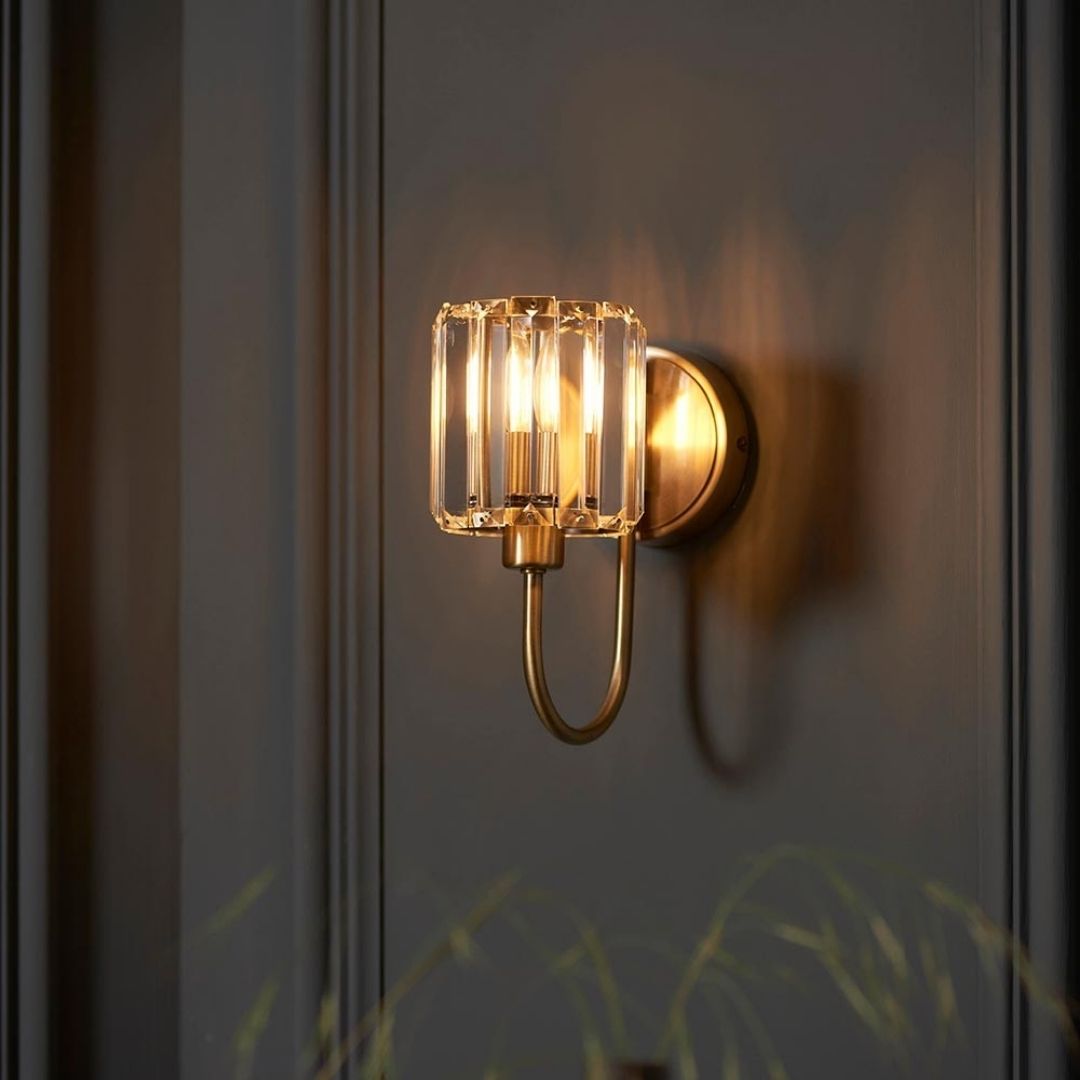 Antique Brass Faceted Glass Shade Curved Arm Wall Light