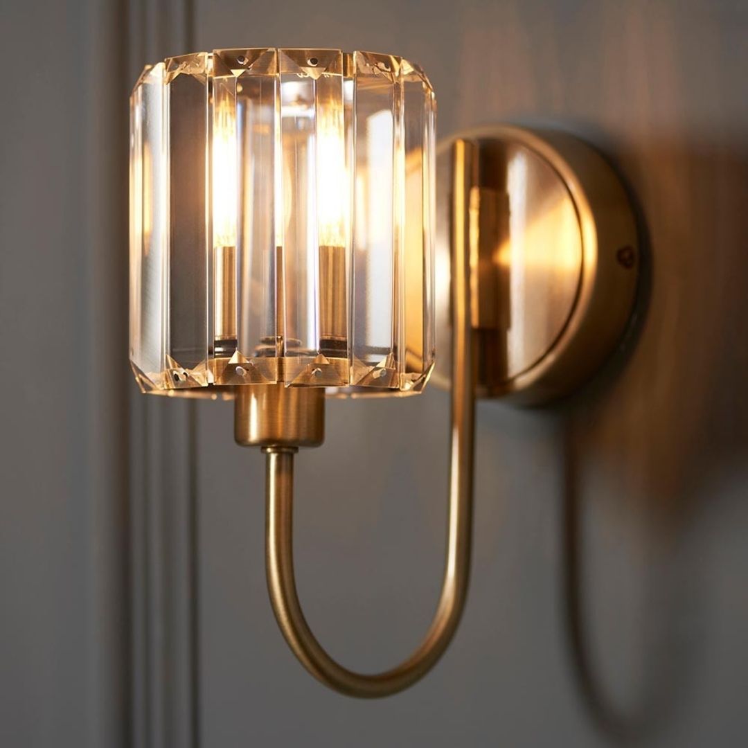 Antique Brass Faceted Glass Shade Curved Arm Wall Light