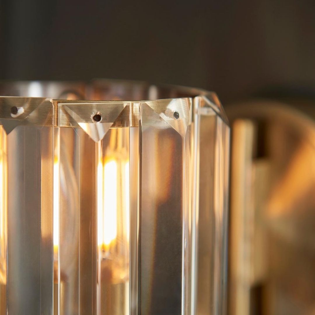 Antique Brass Faceted Glass Shade Curved Arm Wall Light