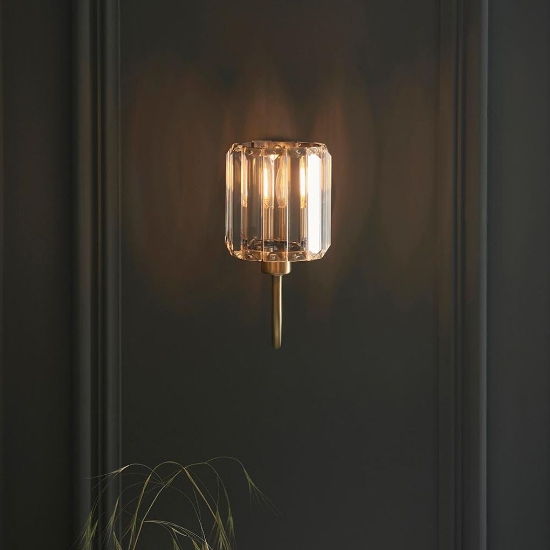 Antique Brass Faceted Glass Shade Curved Arm Wall Light