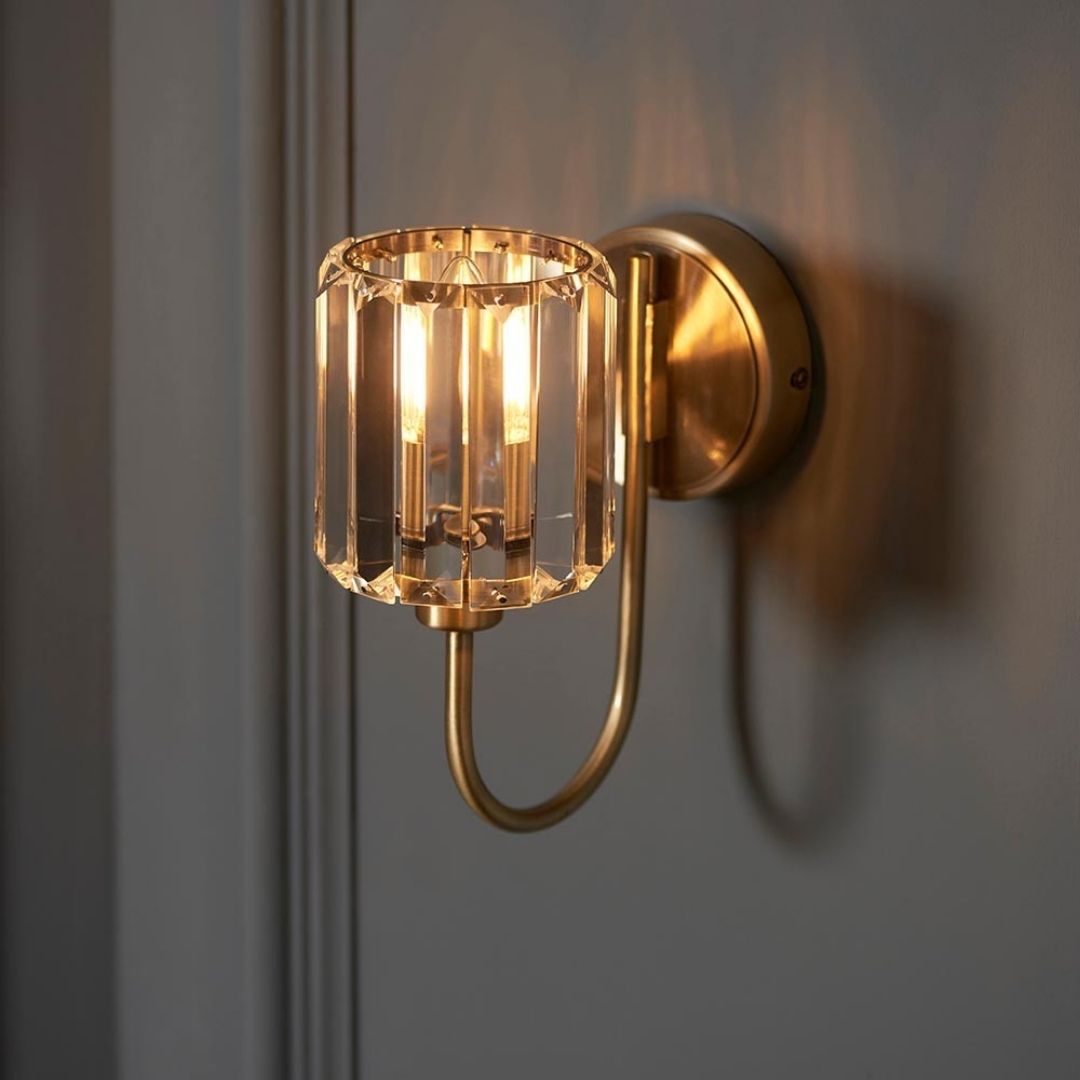 Antique Brass Faceted Glass Shade Curved Arm Wall Light