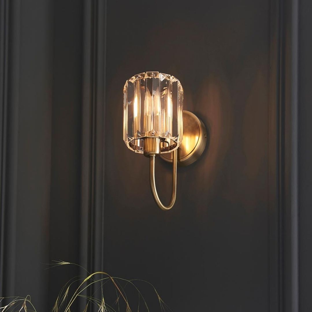 Antique Brass Faceted Glass Shade Curved Arm Wall Light