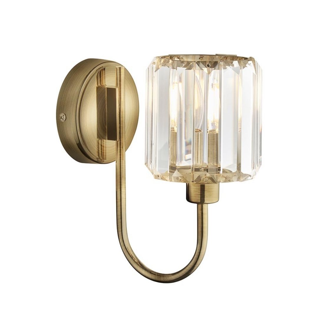 Antique Brass Faceted Glass Shade Curved Arm Wall Light