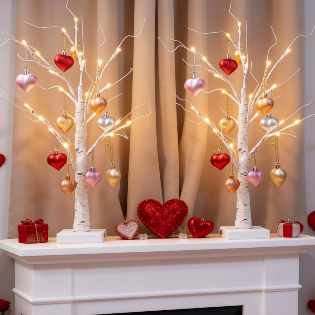 Branching Birch Tree Heart Ornament Romantic Table Lamp