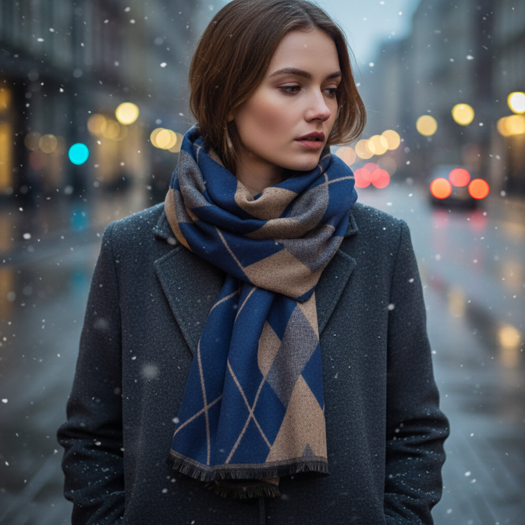 Checkered Knit Blend Fringed Hem Scarf