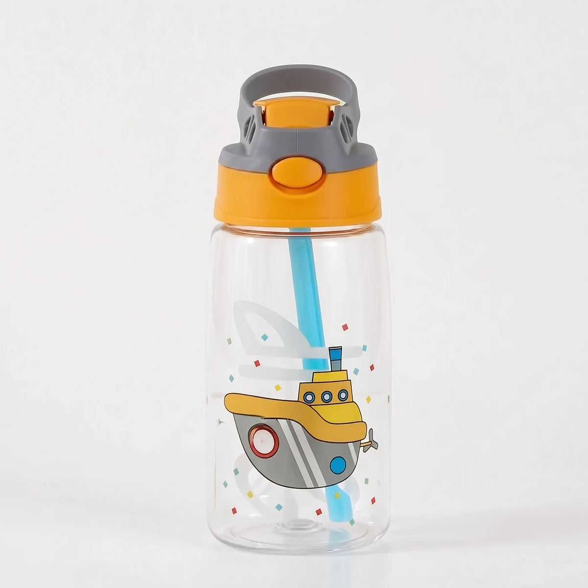 Transparent Cartoon Print Push Button Straw Kids Water Bottle