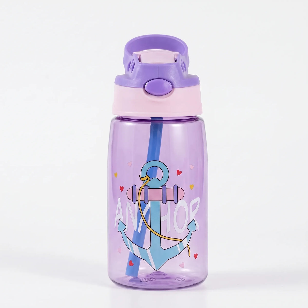 Transparent Cartoon Print Push Button Straw Kids Water Bottle