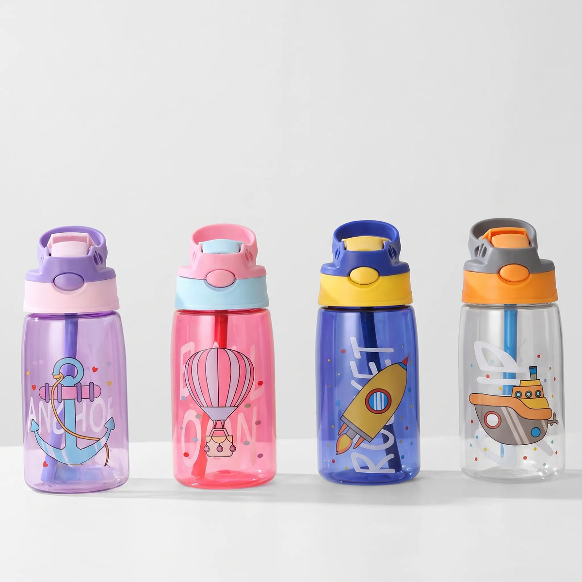 Transparent Cartoon Print Push Button Straw Kids Water Bottle