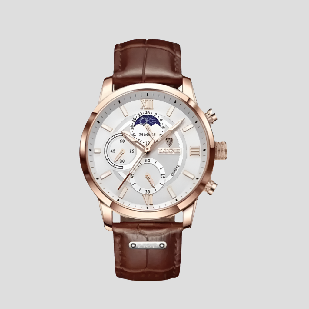 Classic Stainless Steel Moon Phase Analog Quartz Wrist Watch