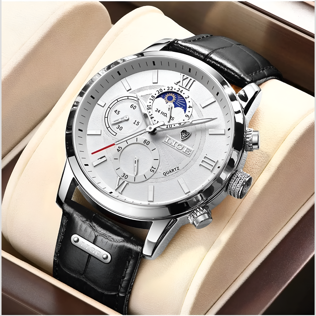 Classic Stainless Steel Moon Phase Analog Quartz Wrist Watch