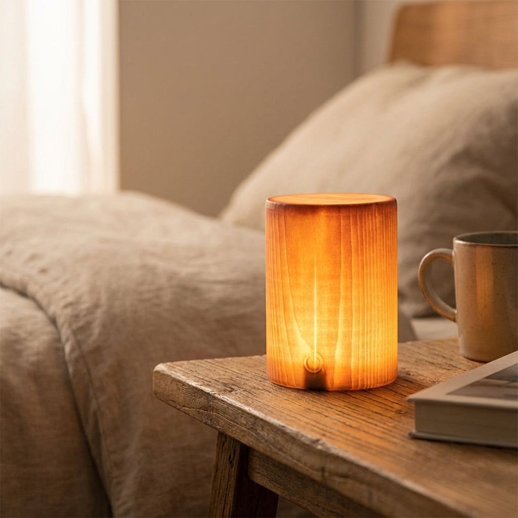 Compact Cylindrical Wood Grain Cordless Rechargeable Touch Dimmable Table Lamp