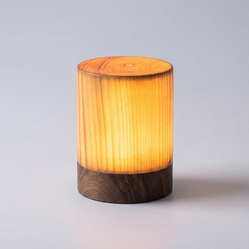 Compact Cylindrical Wood Grain Cordless Rechargeable Touch Dimmable Table Lamp