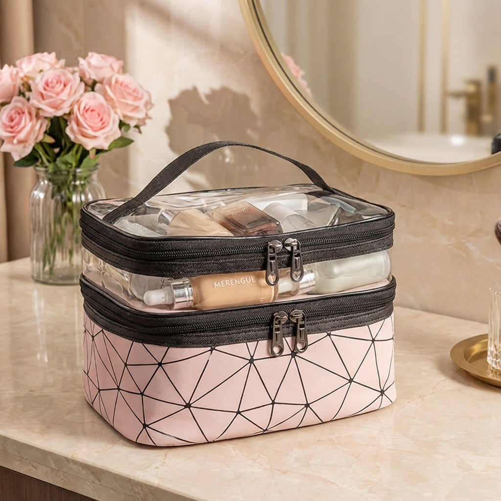 Plaid Pattern Double Layered Transparent Top Toiletry Bag