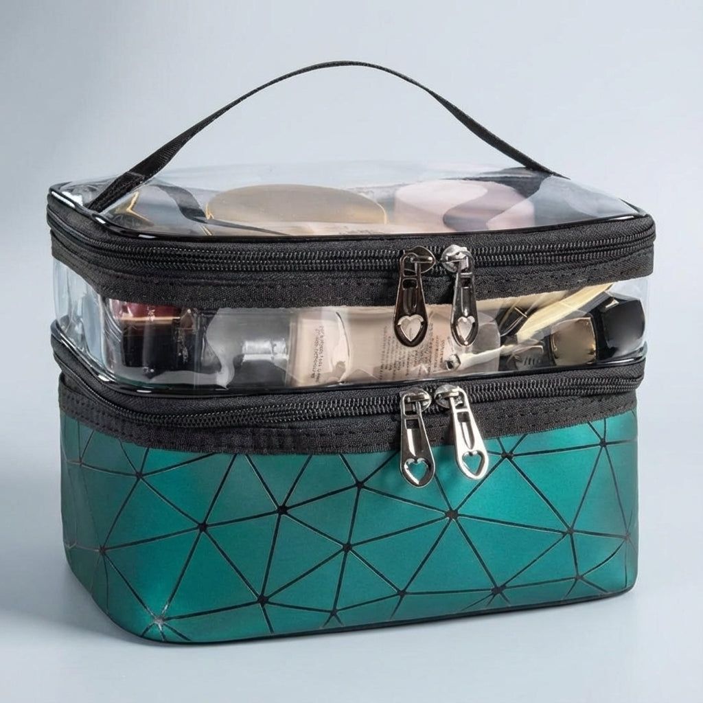 Plaid Pattern Double Layered Transparent Top Toiletry Bag