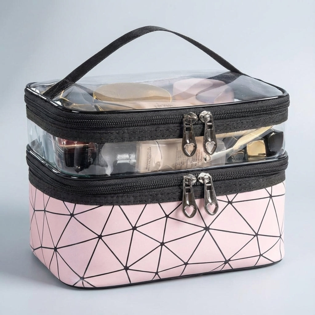 Plaid Pattern Double Layered Transparent Top Toiletry Bag