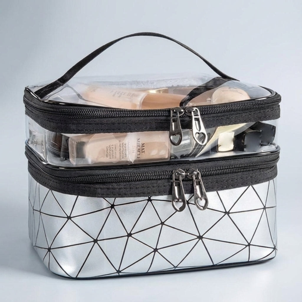 Plaid Pattern Double Layered Transparent Top Toiletry Bag